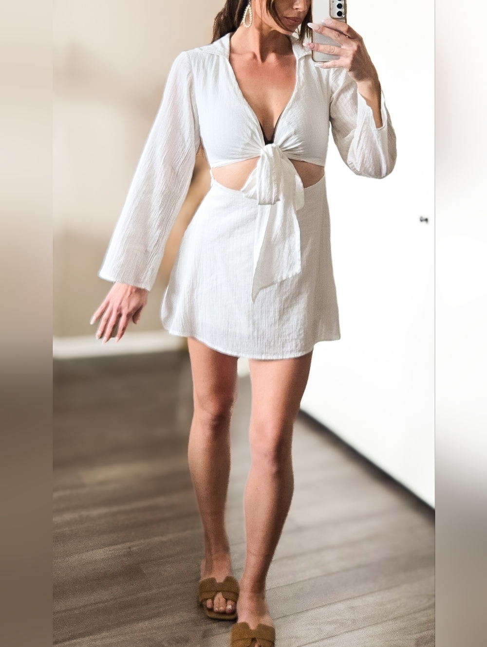 Princess Polly White 100% Cotton Tie Front Mini Dress Cutout Long Sleeve Size 4